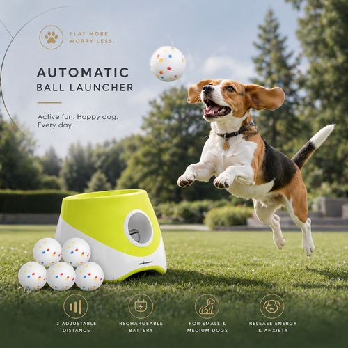 Automatic Dog Ball Launcher – Rechargeable, 3 Distance Settings, 6 Balls Included | For Small & Medium Dogs