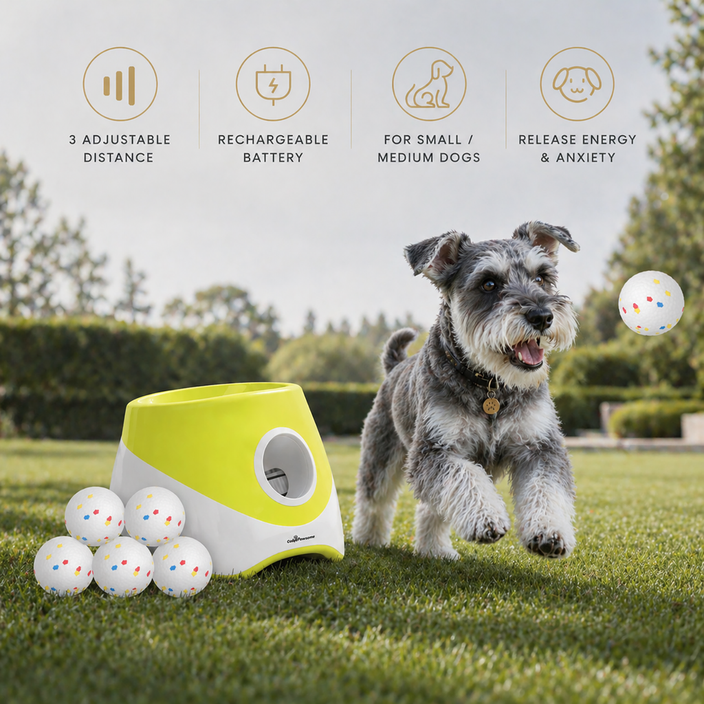 Automatic Dog Ball Launcher – Rechargeable, 3 Distance Settings, 6 Balls Included | For Small & Medium Dogs
