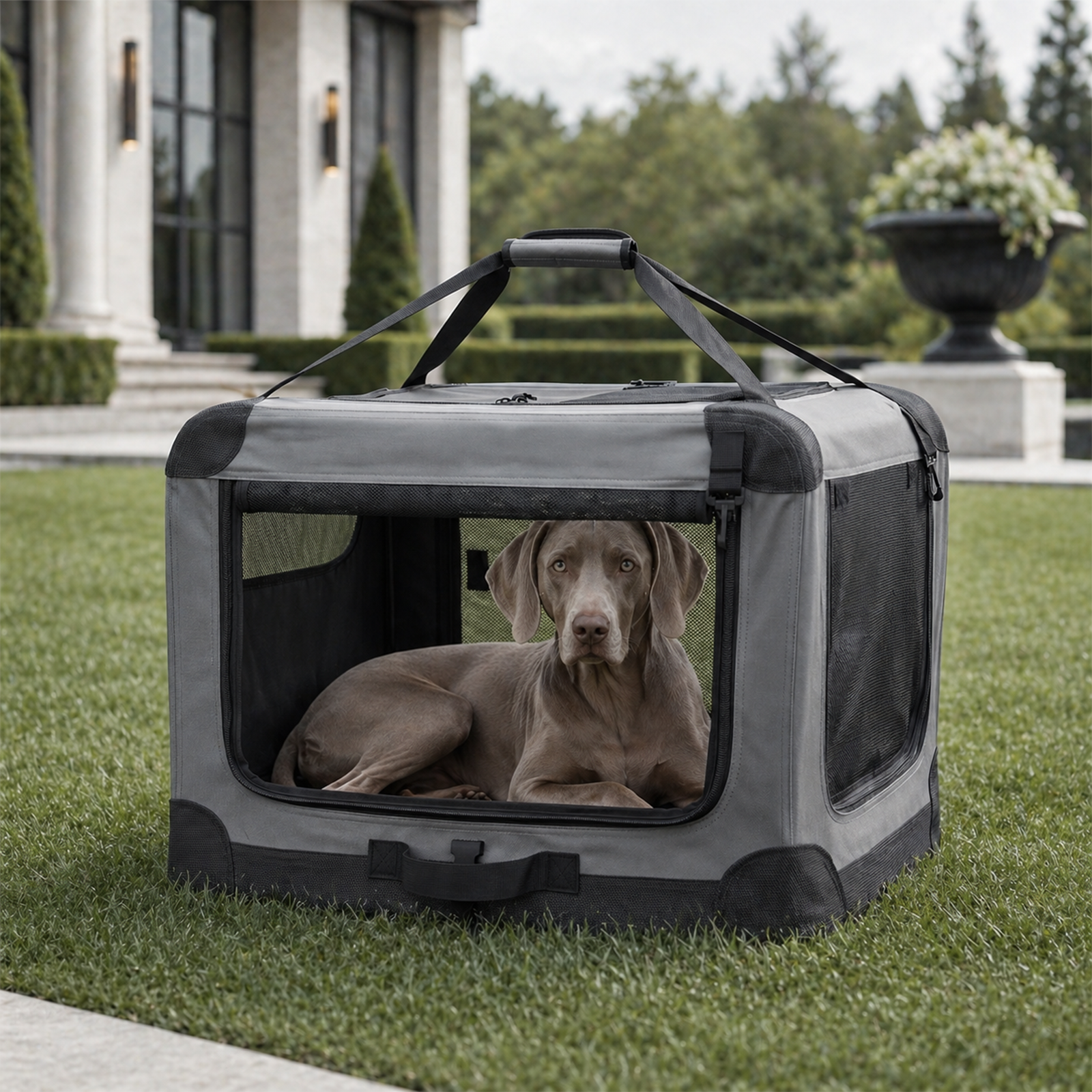 Foldable Dog Cage – Portable Travel Crate with Three-Door Mesh Windows | 30" | Gray