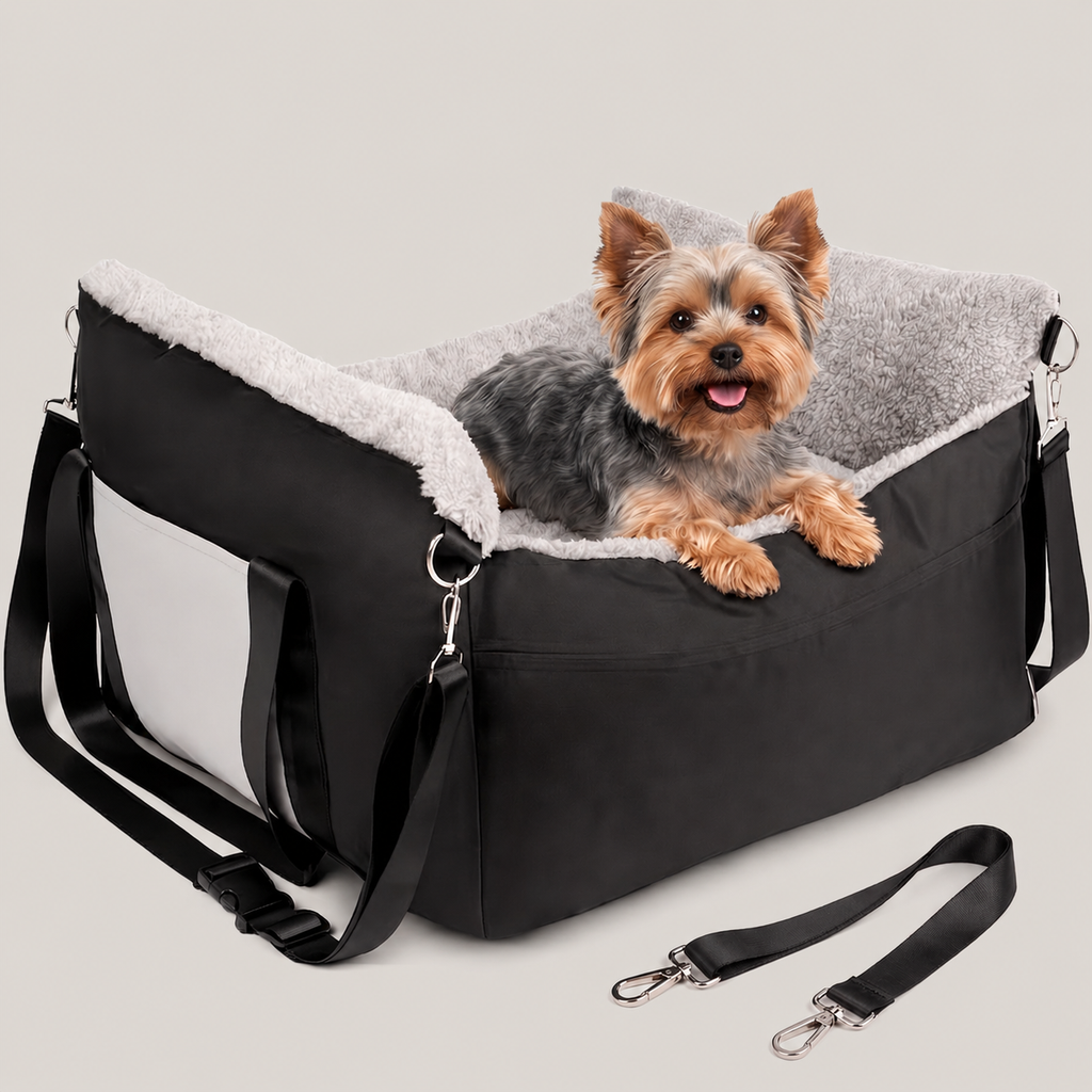 Small Dog Car Booster Seat – Washable Travel Bed with Clip-On Leash & Adjustable Straps | Up to 25 lbs