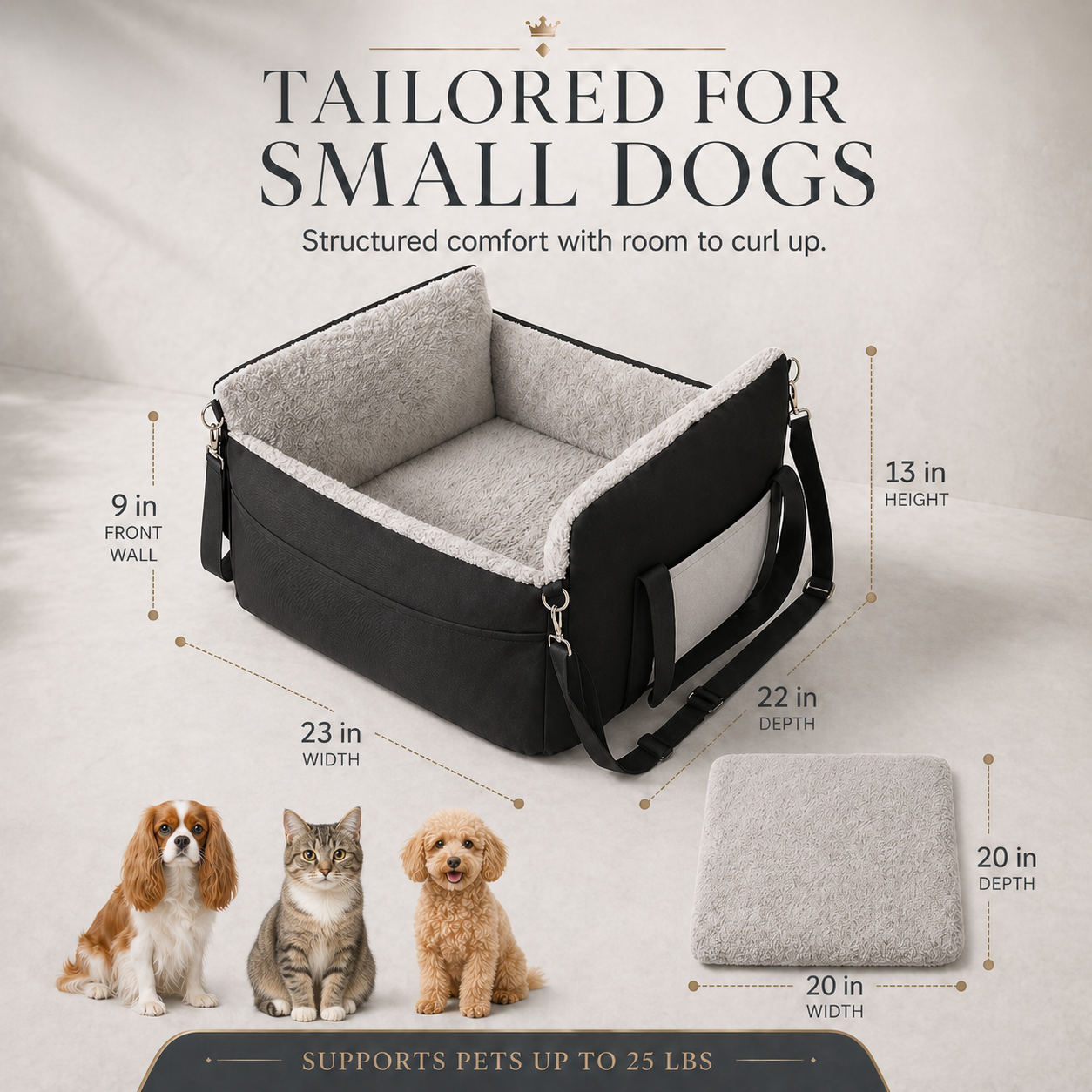 Small Dog Car Booster Seat – Washable Travel Bed with Clip-On Leash & Adjustable Straps | Up to 25 lbs