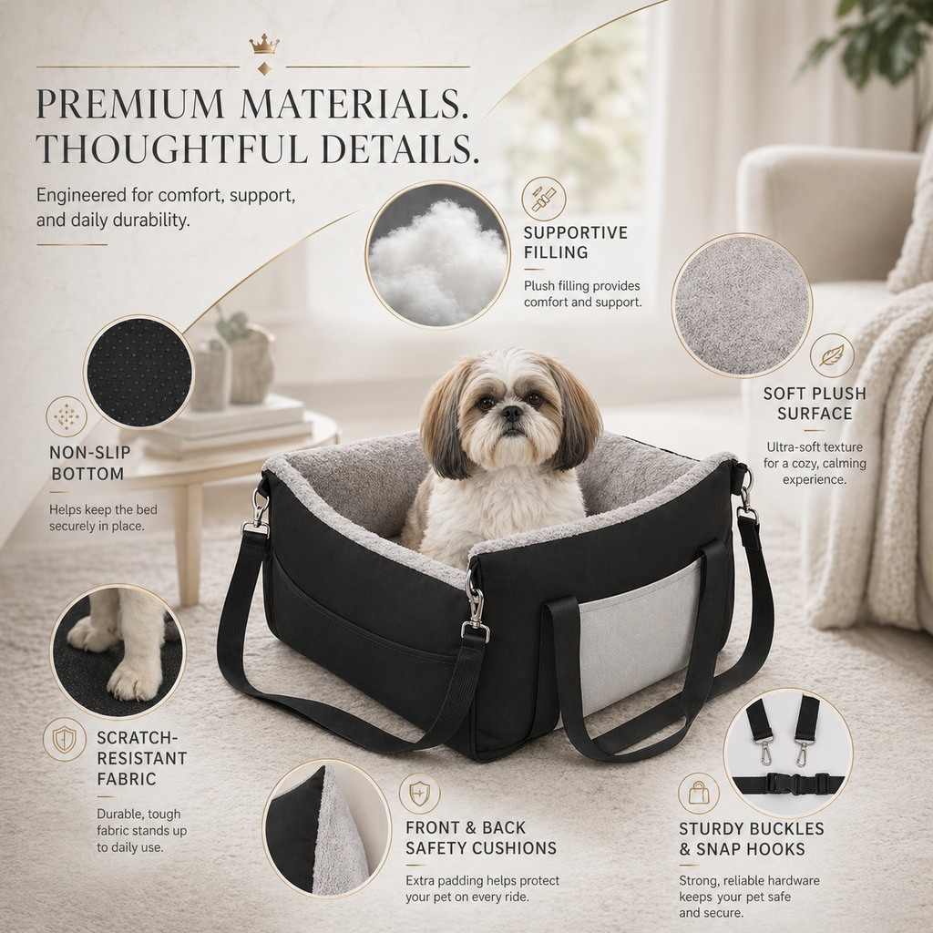 Small Dog Car Booster Seat – Washable Travel Bed with Clip-On Leash & Adjustable Straps | Up to 25 lbs