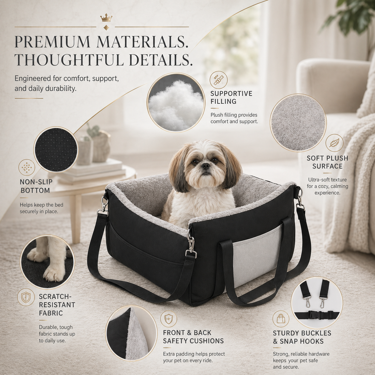 Small Dog Car Booster Seat – Washable Travel Bed with Clip-On Leash & Adjustable Straps | Up to 25 lbs