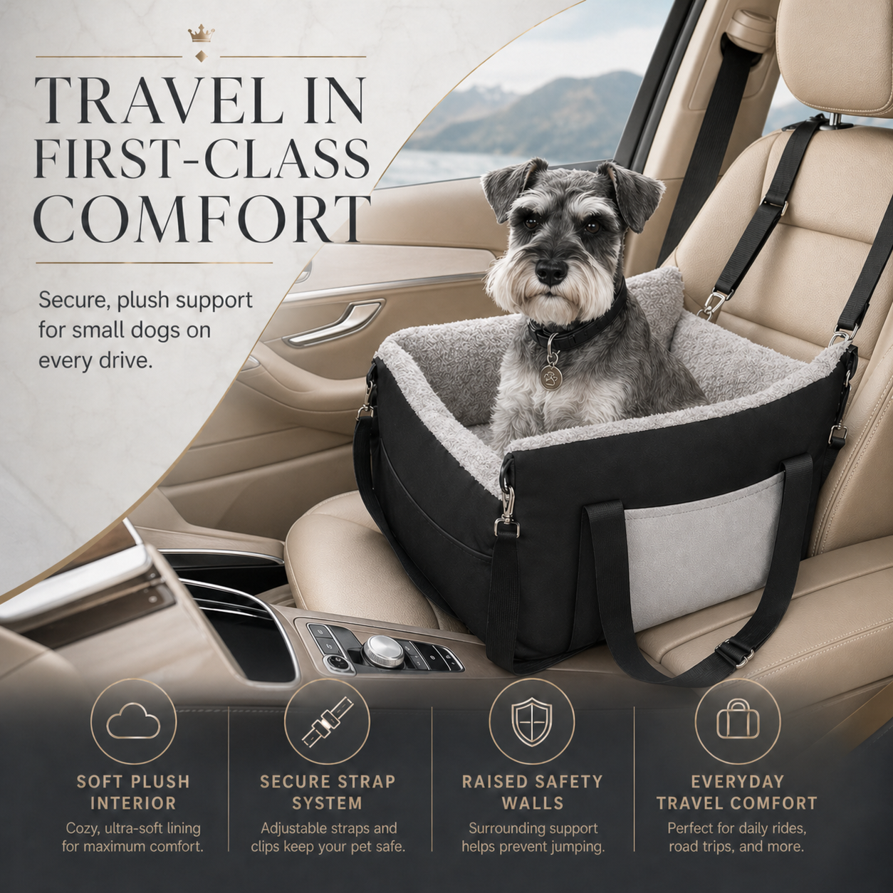 Small Dog Car Booster Seat – Washable Travel Bed with Clip-On Leash & Adjustable Straps | Up to 25 lbs