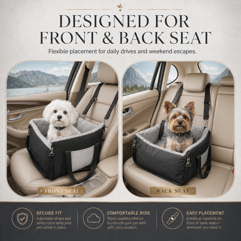 Small Dog Car Booster Seat – Washable Travel Bed with Clip-On Leash & Adjustable Straps | Up to 25 lbs