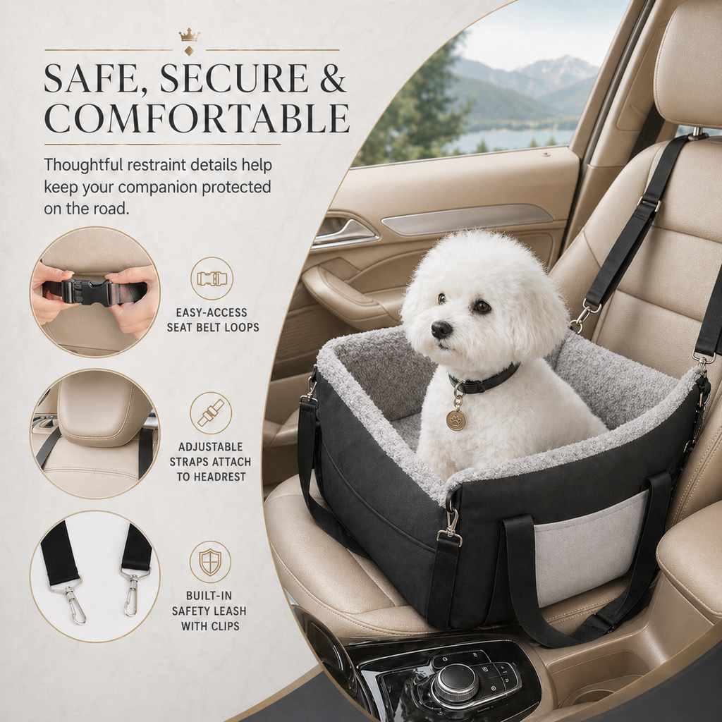 Small Dog Car Booster Seat – Washable Travel Bed with Clip-On Leash & Adjustable Straps | Up to 25 lbs