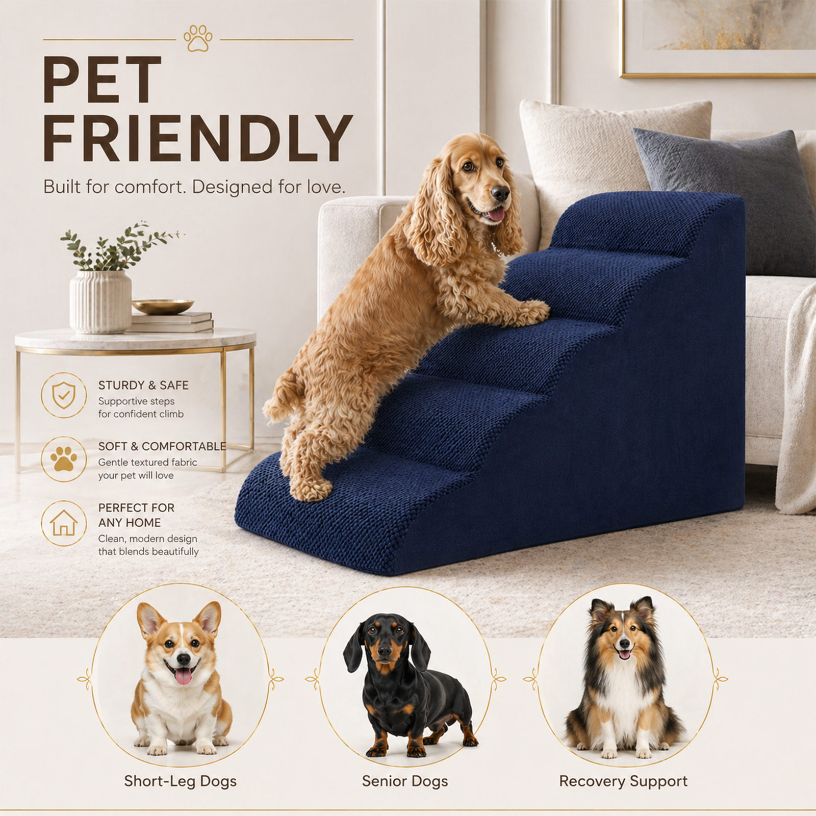 Curved Dog Pet Stairs – 5 Step, 6 Colors | Sturdy Foam, Non-Slip | For Large & Senior Dogs