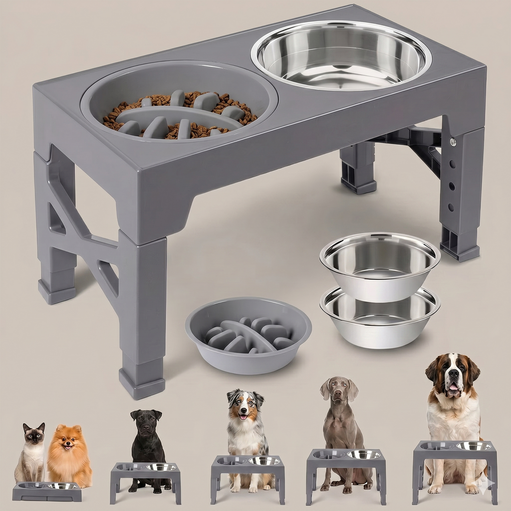 Elevated Dog Bowl with Non-Slip Base – Stainless Steel Insert, Gray | For Large Breeds