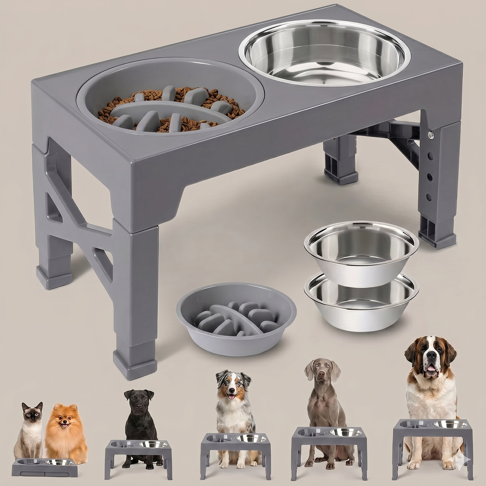 Elevated Dog Bowl with Non-Slip Base – Stainless Steel Insert, Gray | For Large Breeds