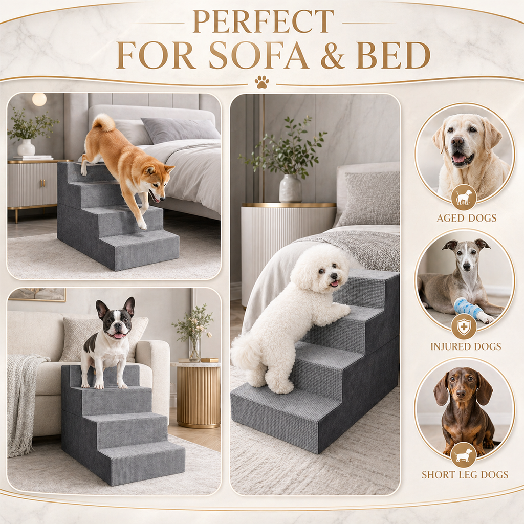 Folding Dog Pet Stairs – 4 or 5 Step, Non-Slip Surface | For Large Dogs & High Beds