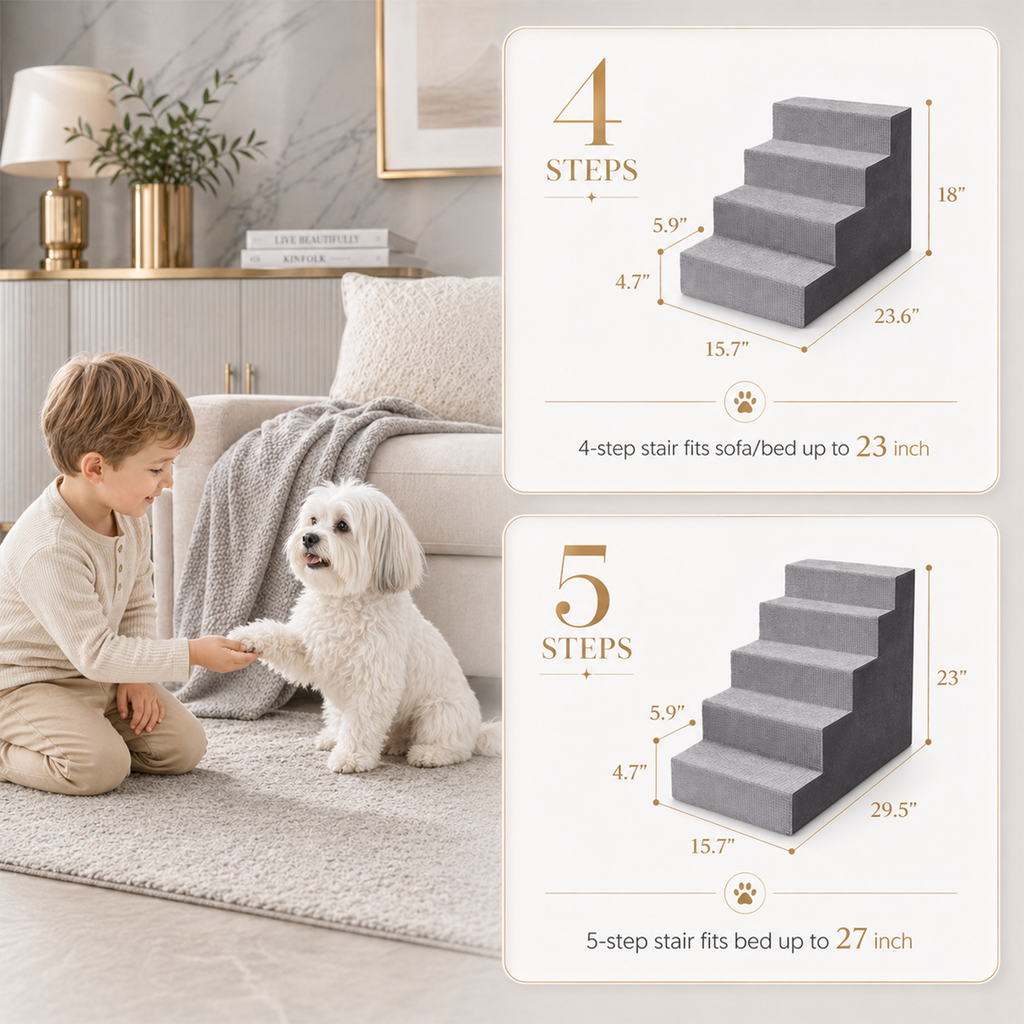 Folding Dog Pet Stairs – 4 or 5 Step, Non-Slip Surface | For Large Dogs & High Beds