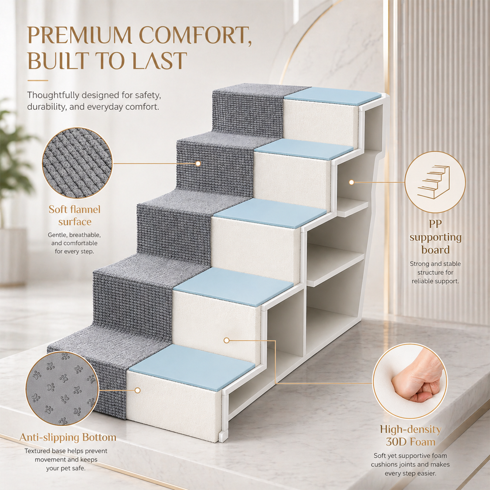 Folding Dog Pet Stairs – 4 or 5 Step, Non-Slip Surface | For Large Dogs & High Beds