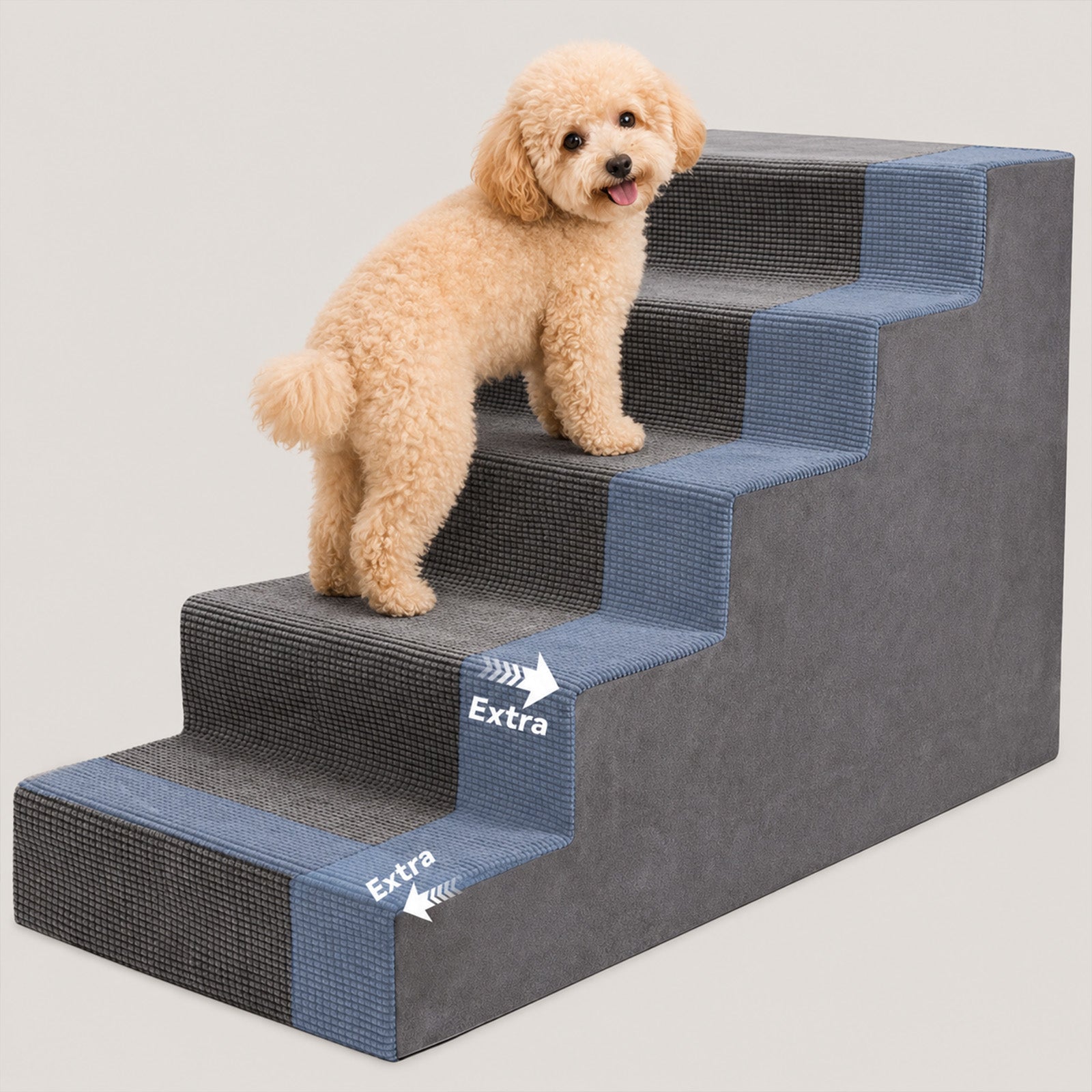 5-Step Foam Dog Stairs for High Beds & Couches – High-Density Foam with Supporting Board & Washable Cover | Gray