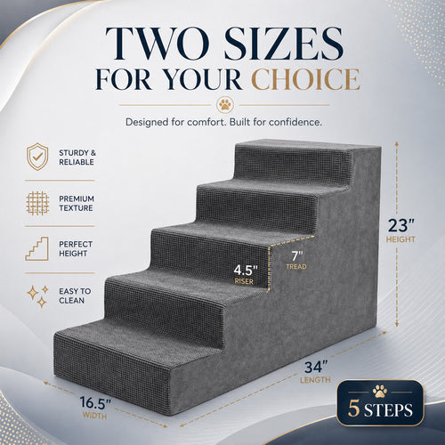 5-Step Foam Dog Stairs for High Beds & Couches – High-Density Foam with Supporting Board & Washable Cover | Gray