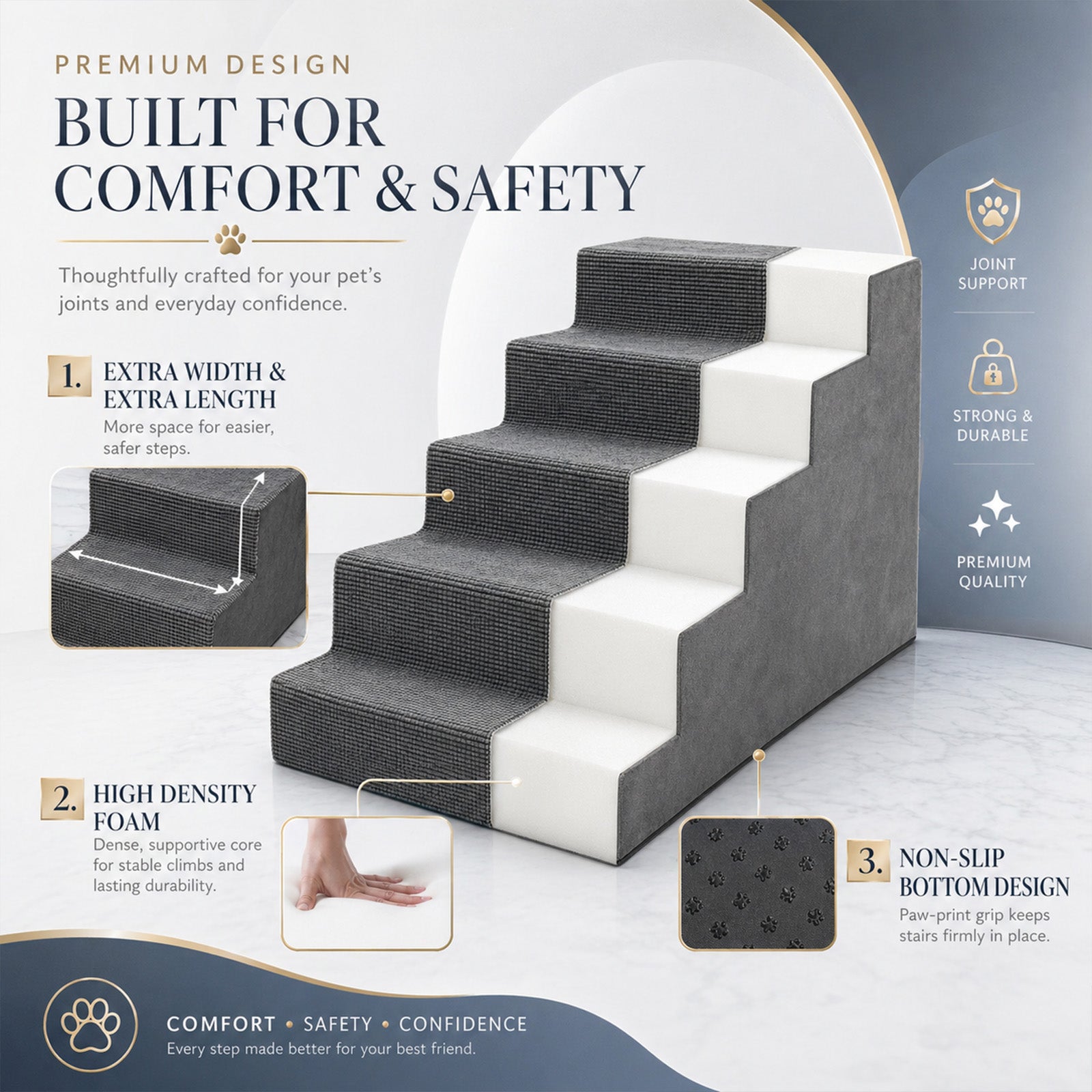 5-Step Foam Dog Stairs for High Beds & Couches – High-Density Foam with Supporting Board & Washable Cover | Gray