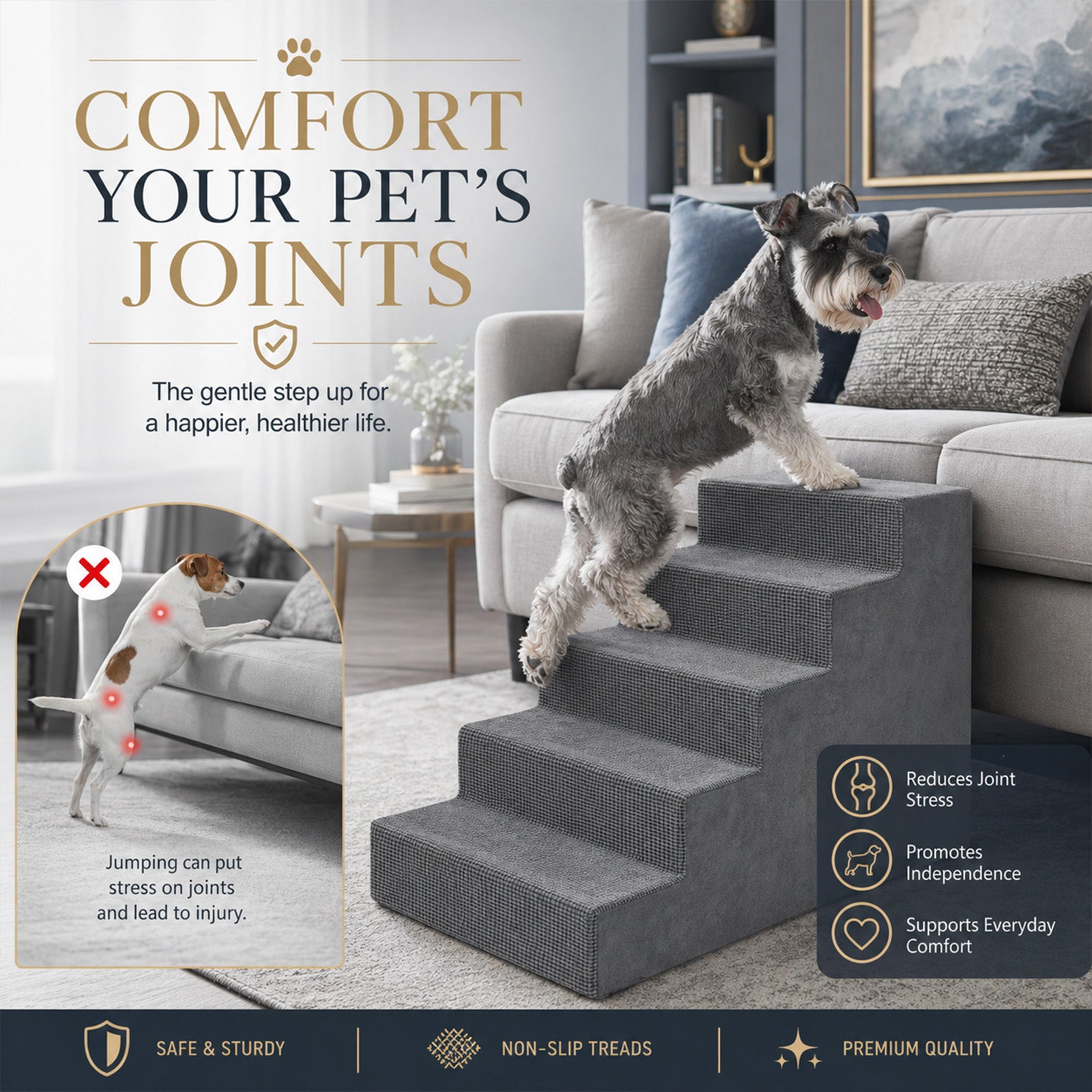 5-Step Foam Dog Stairs for High Beds & Couches – High-Density Foam with Supporting Board & Washable Cover | Gray