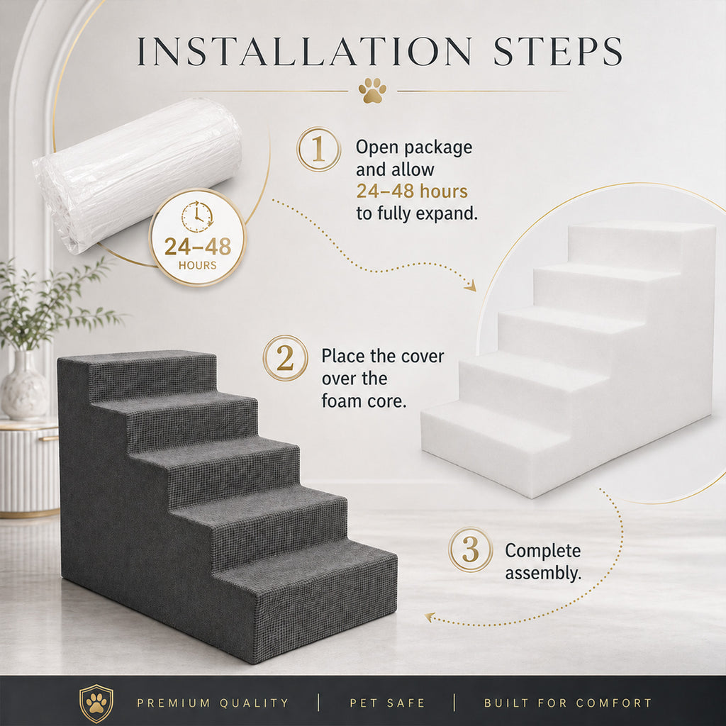 5-Step Foam Dog Stairs for High Beds & Couches – High-Density Foam with Supporting Board & Washable Cover | Gray