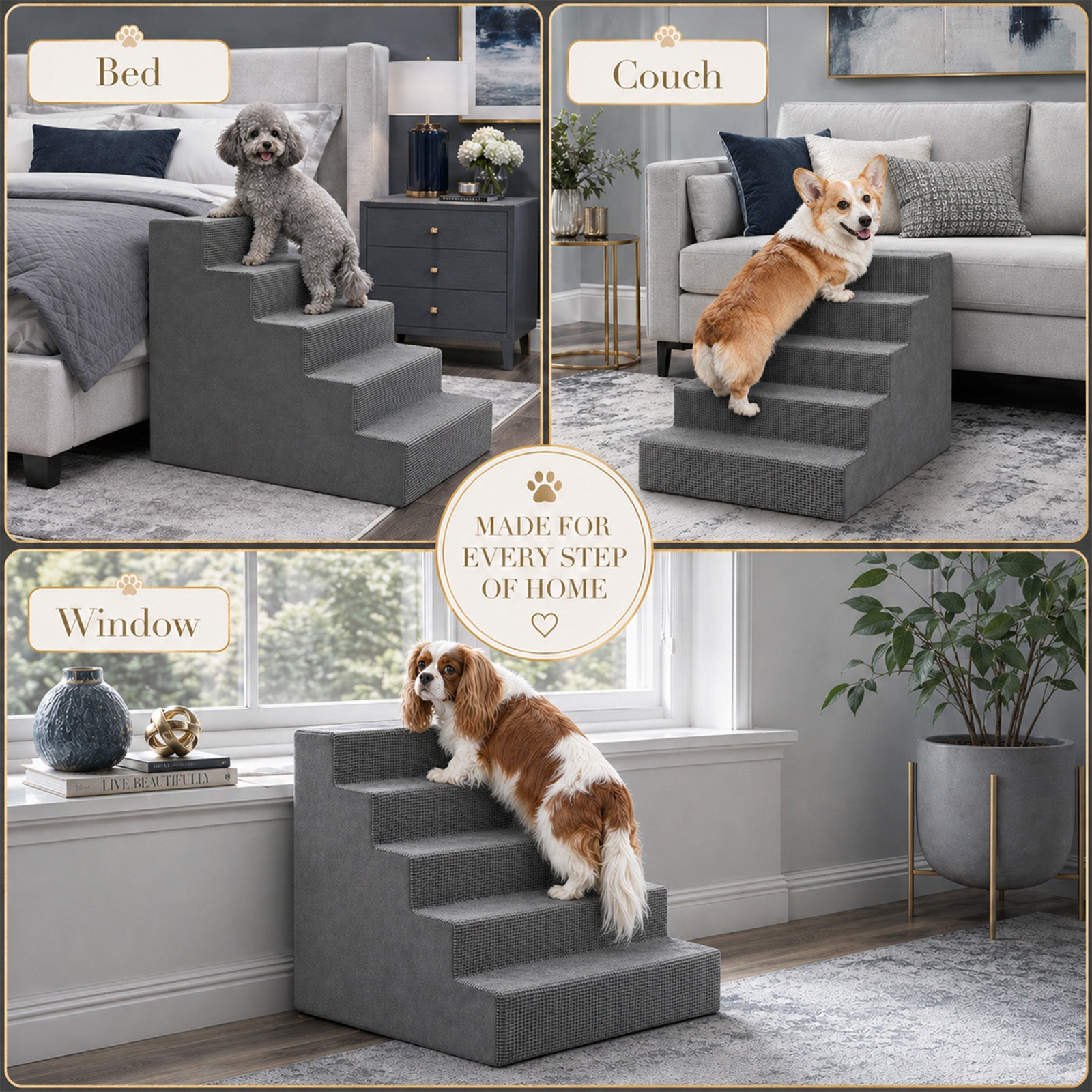 5-Step Foam Dog Stairs for High Beds & Couches – High-Density Foam with Supporting Board & Washable Cover | Gray