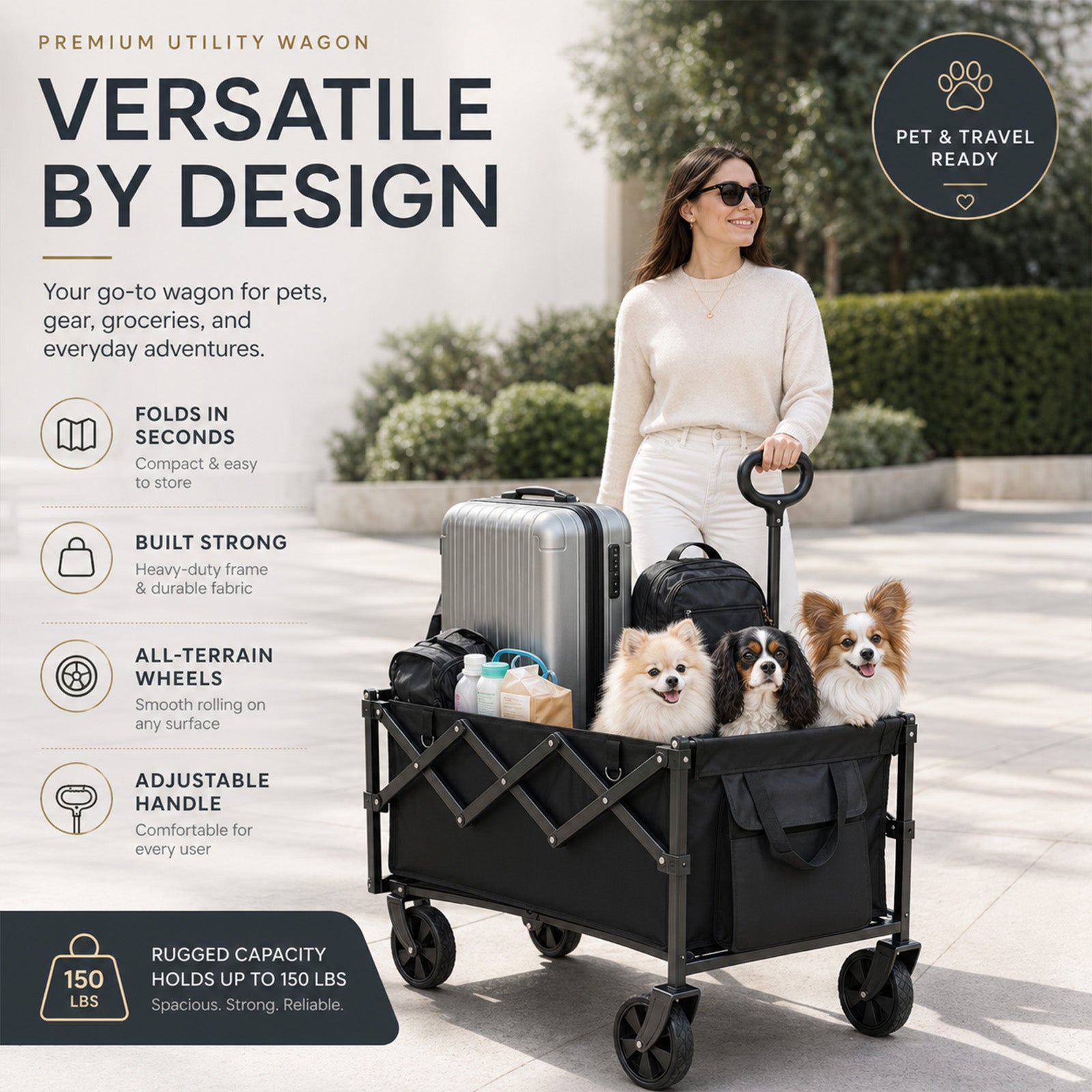 Collapsible Pet Wagon Cart – Foldable Dog & Cat Cart for Garden, Shopping & Camping | Black