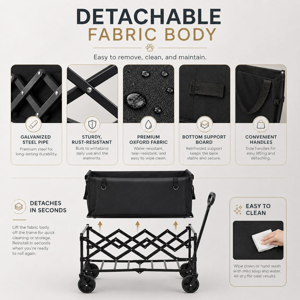 Collapsible Pet Wagon Cart – Foldable Dog & Cat Cart for Garden, Shopping & Camping | Black