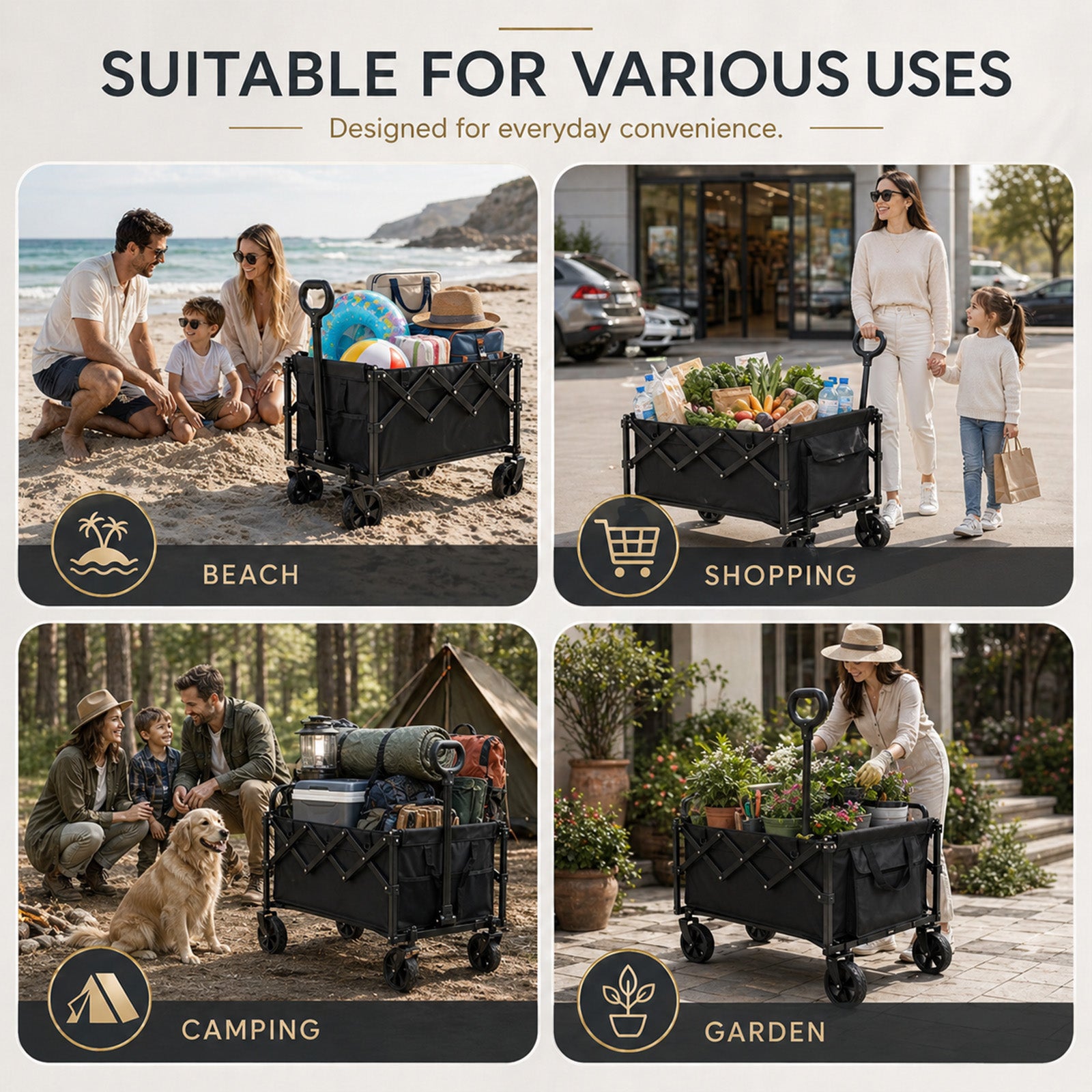 Collapsible Pet Wagon Cart – Foldable Dog & Cat Cart for Garden, Shopping & Camping | Black