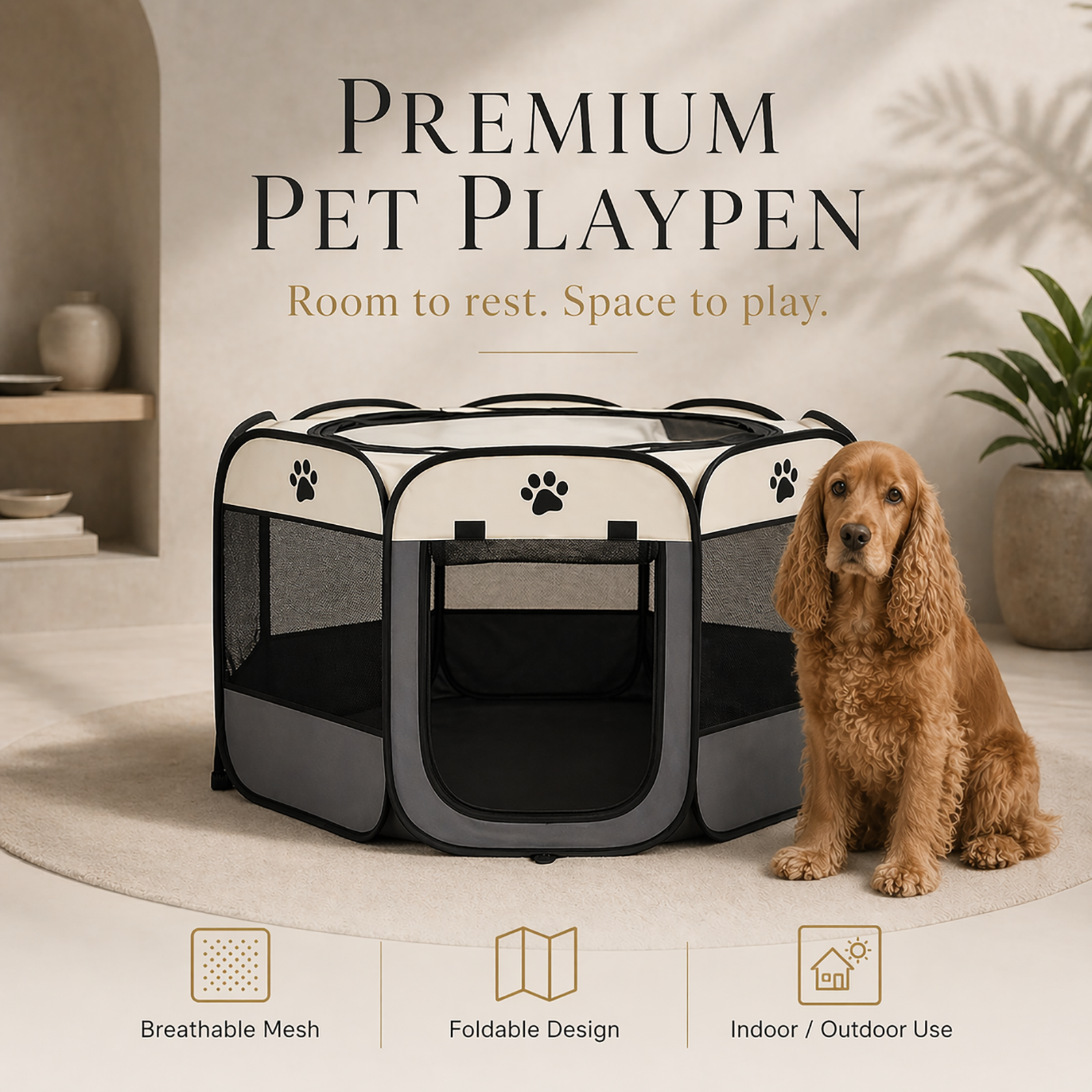 Foldable Pet Playpen – Portable Octagonal Oxford Cloth Pen with Removable Zipper Top | Indoor & Outdoor