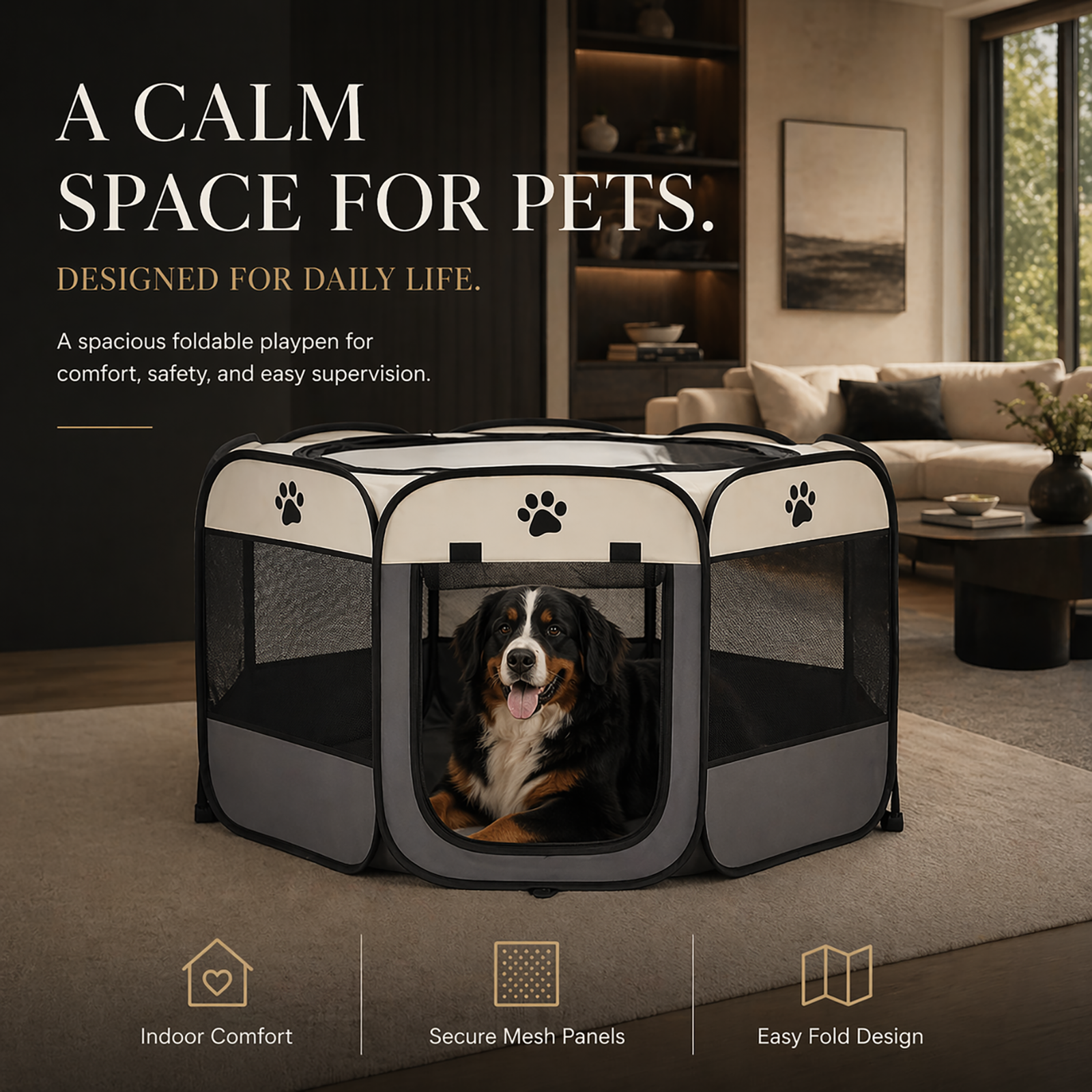 Foldable Pet Playpen – Portable Octagonal Oxford Cloth Pen with Removable Zipper Top | Indoor & Outdoor