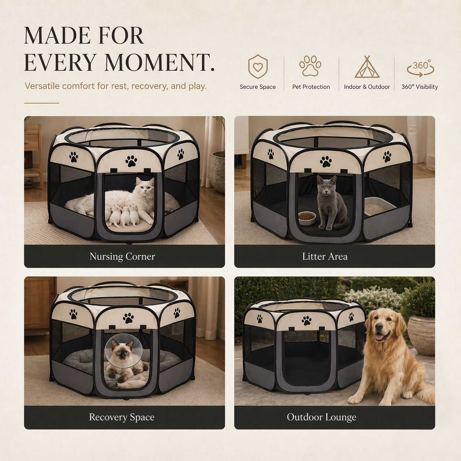 Foldable Pet Playpen – Portable Octagonal Oxford Cloth Pen with Removable Zipper Top | Indoor & Outdoor